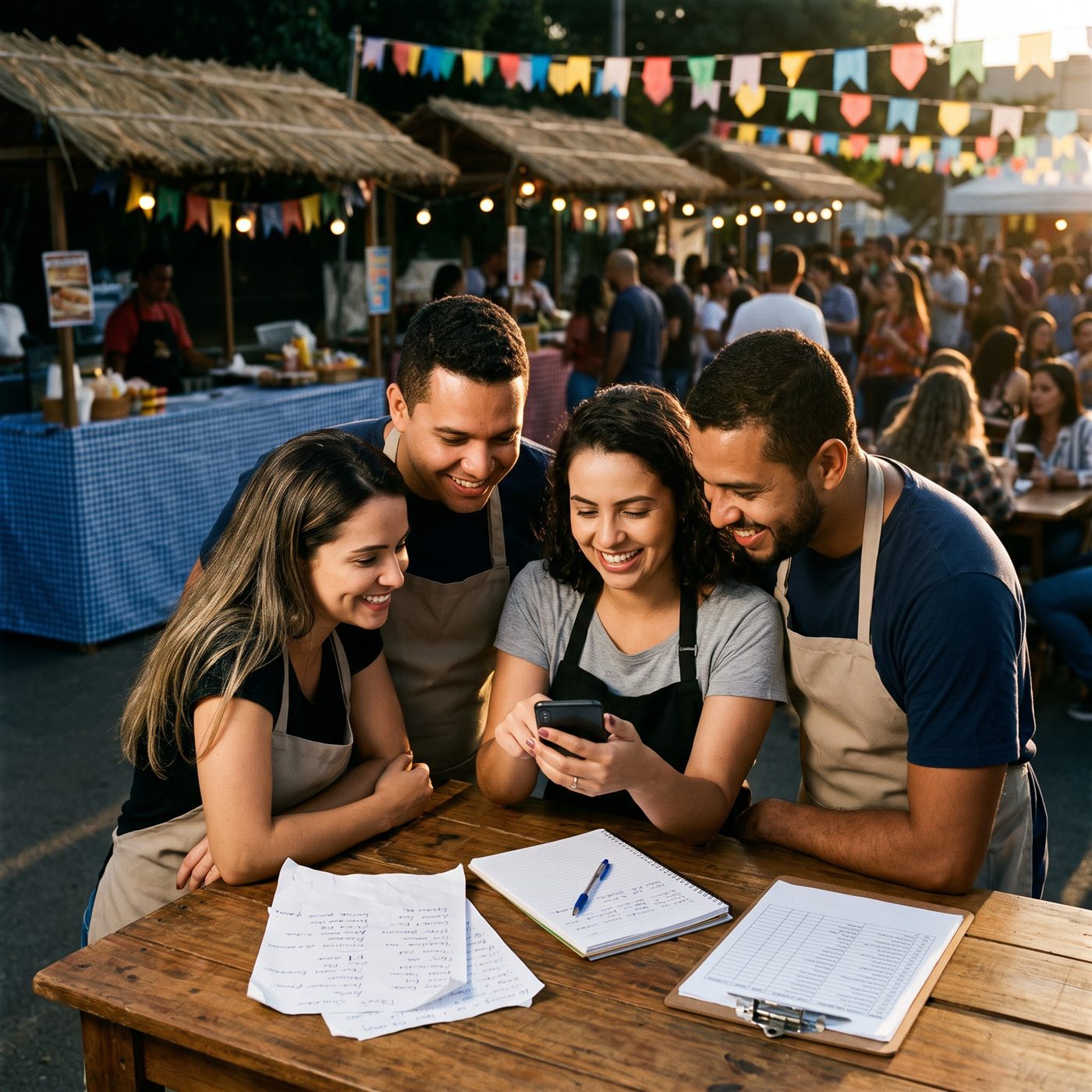 Equipe de voluntários conferindo as vendas no celular, com as anotações de papel na mesa e a quermesse movimentada ao fundo