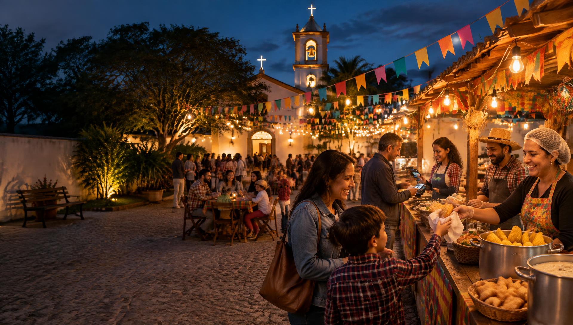Quermesse comunitária em um pátio de igreja decorado com bandeirinhas