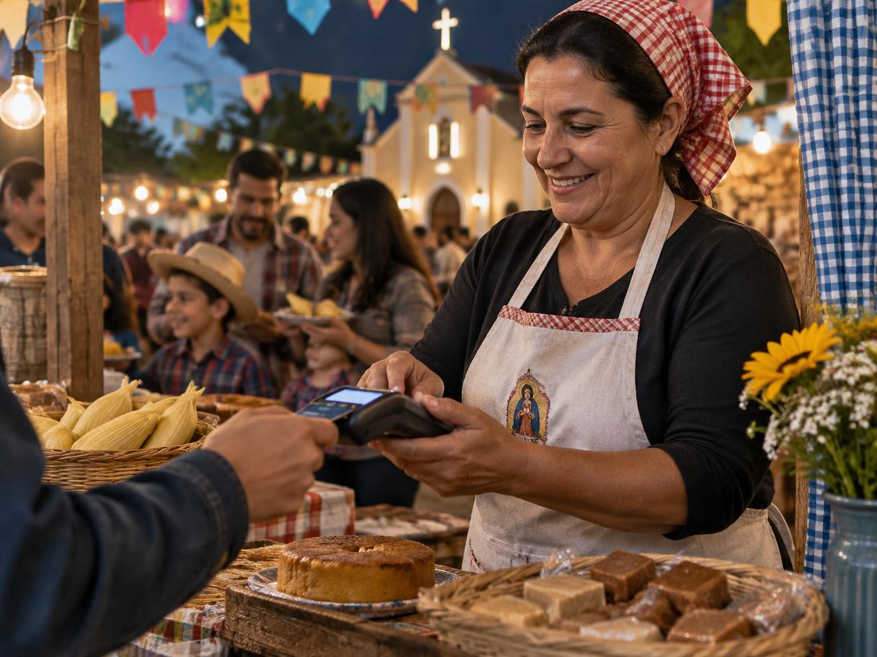 Voluntária de quermesse utilizando uma maquininha de pagamento